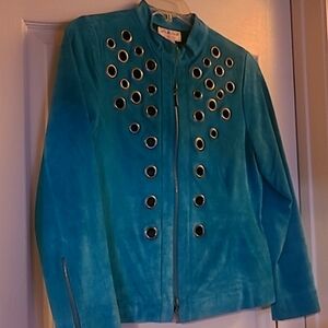 Victor Costa Occasion Size Small Teal SUEDE Jacket with Silver Grommets